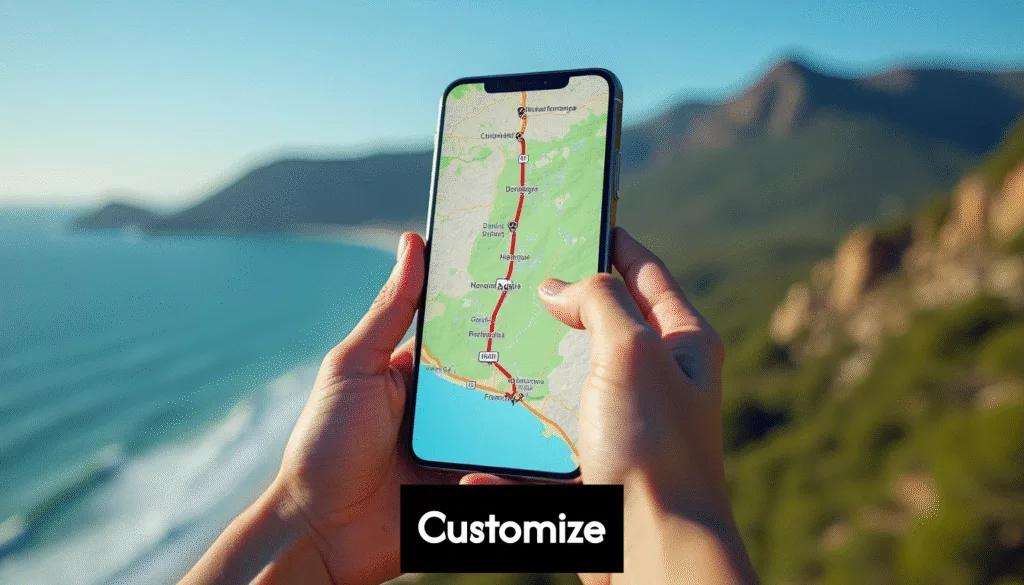 Hand holding phone with custom map over scenic landscape.