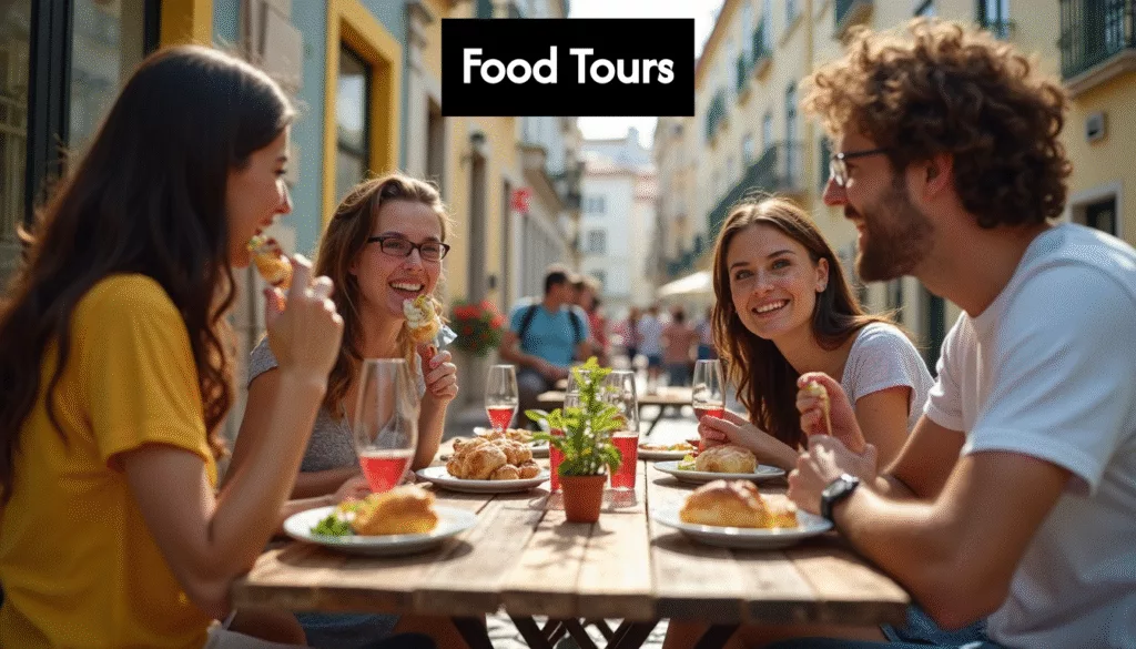 Travelers enjoy food at a Lisbon café